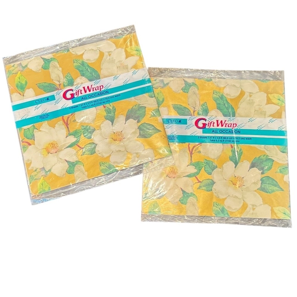 Vintage 1996 Cleo Gift Wrap 2 Packs Magnolia Floral Yellow All Occasion 4 Sheets